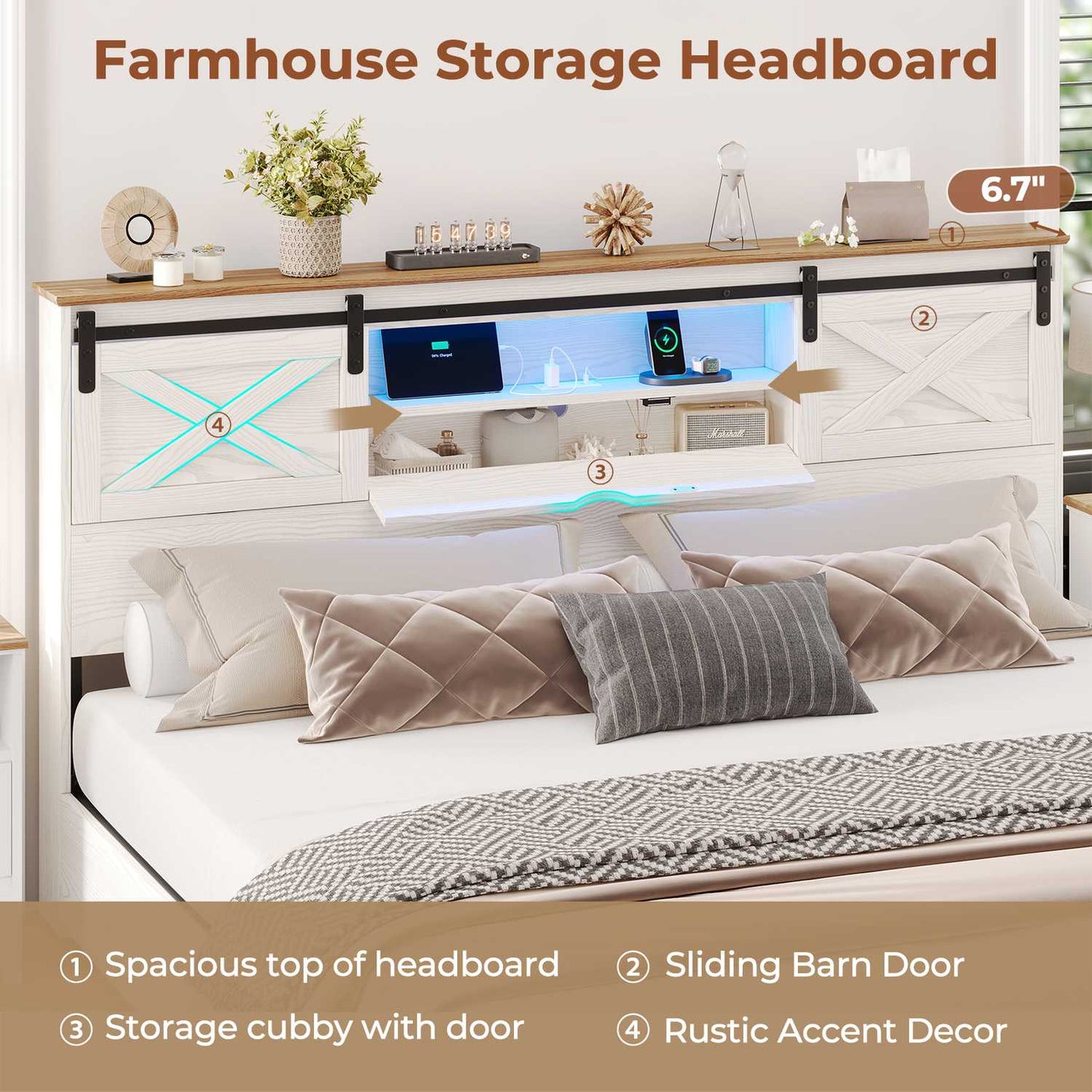 LED Wooden Bed Frame with Storage Headboard White