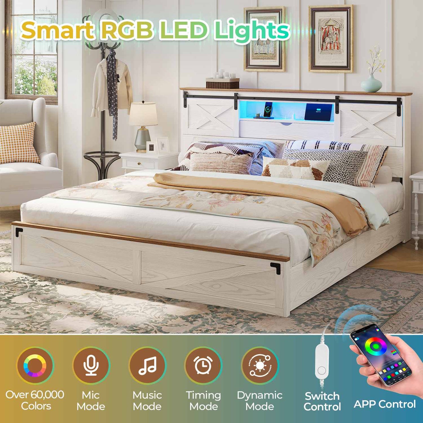 LED Wooden Bed Frame with Storage Headboard White