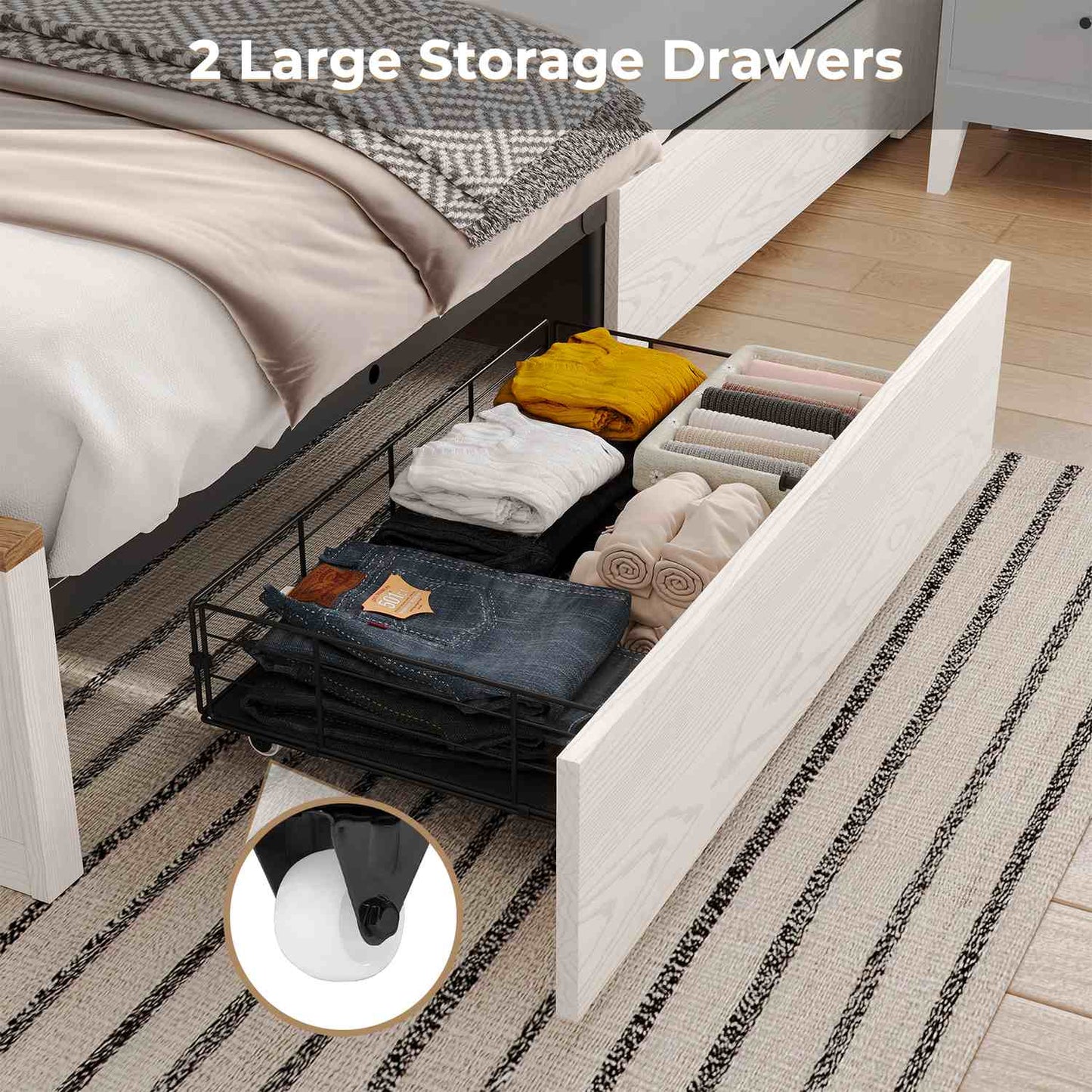 LED Wooden Bed Frame with Storage Headboard White