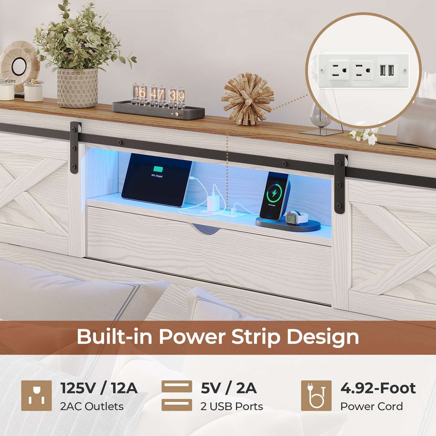 LED Wooden Bed Frame with Storage Headboard White