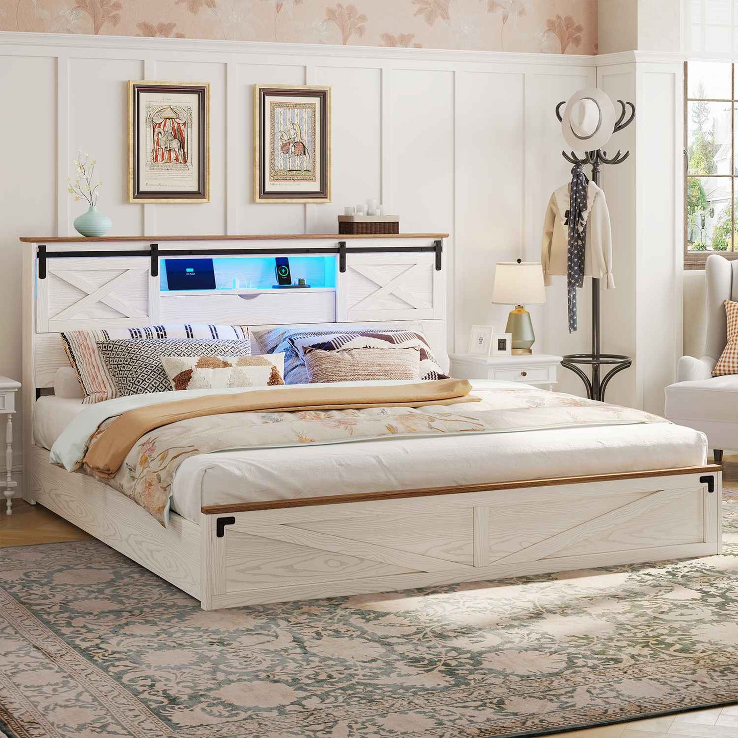 LED Wooden Bed Frame with Storage Headboard White