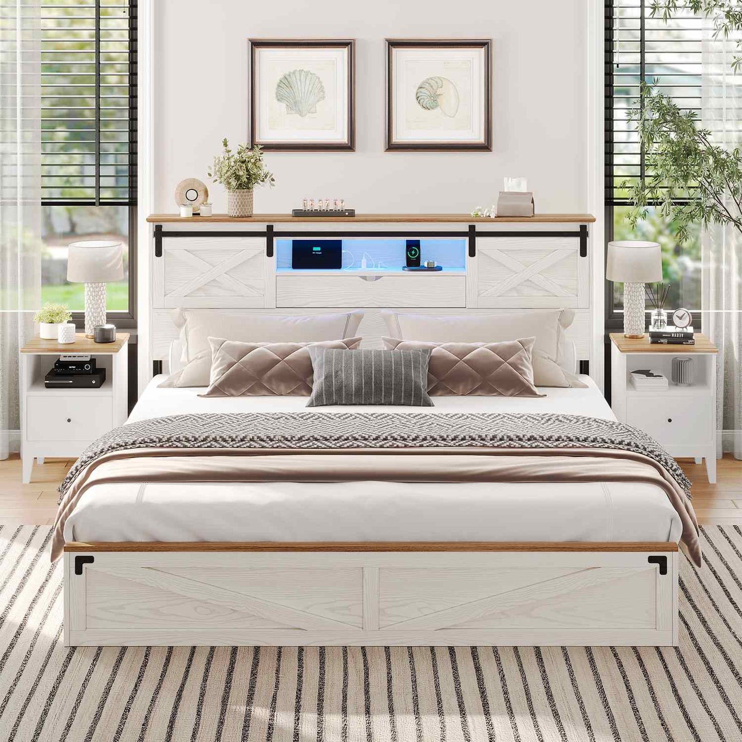 LED Wooden Bed Frame with Storage Headboard White