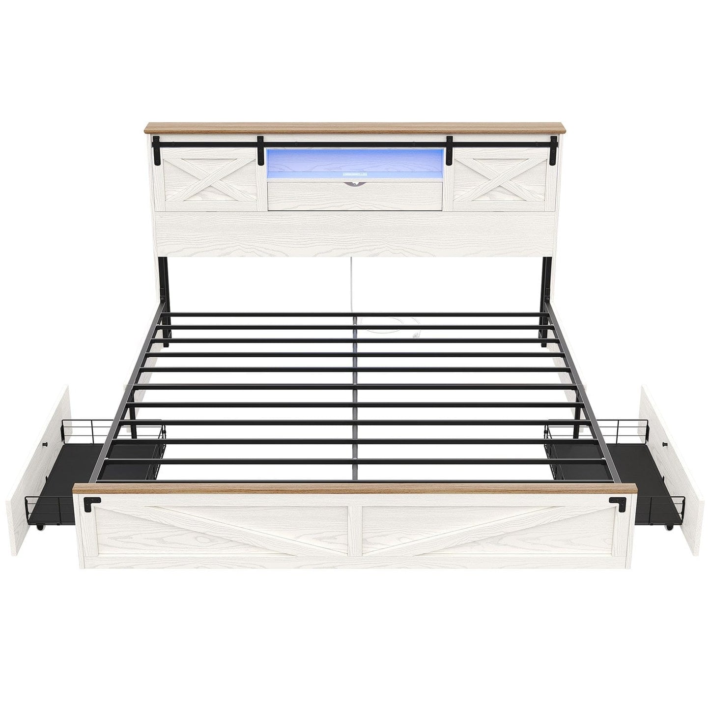 LED Wooden Bed Frame with Storage Headboard White
