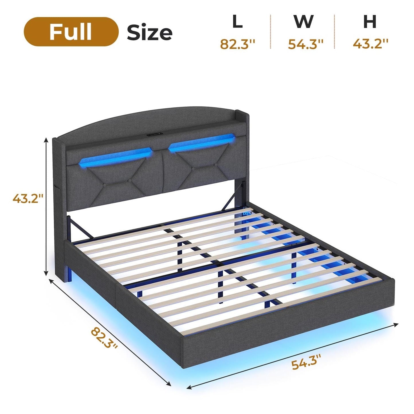 Linen LED Floating Bed Frame with Charging Station Dark Grey