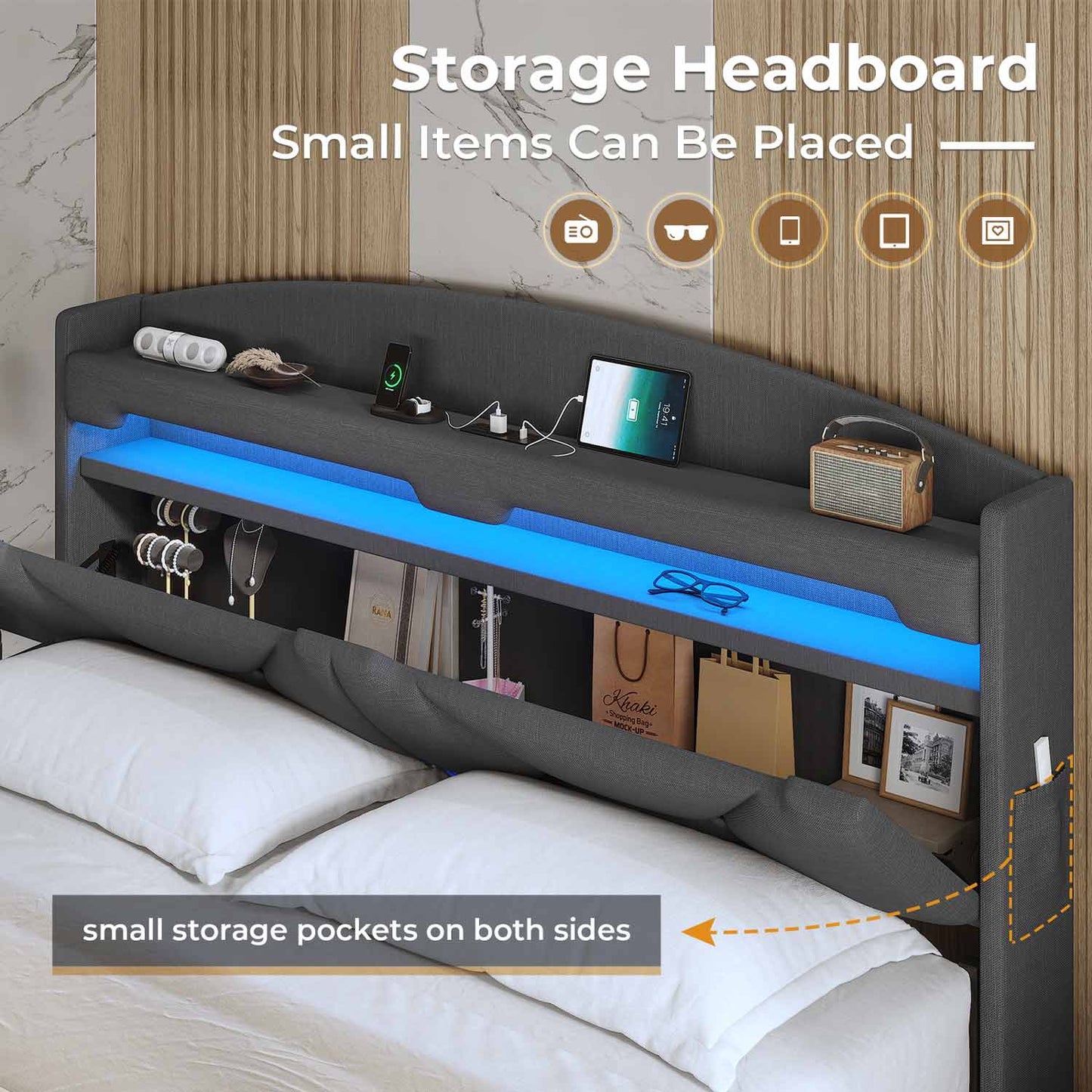 Linen LED Floating Bed Frame with Charging Station Dark Grey
