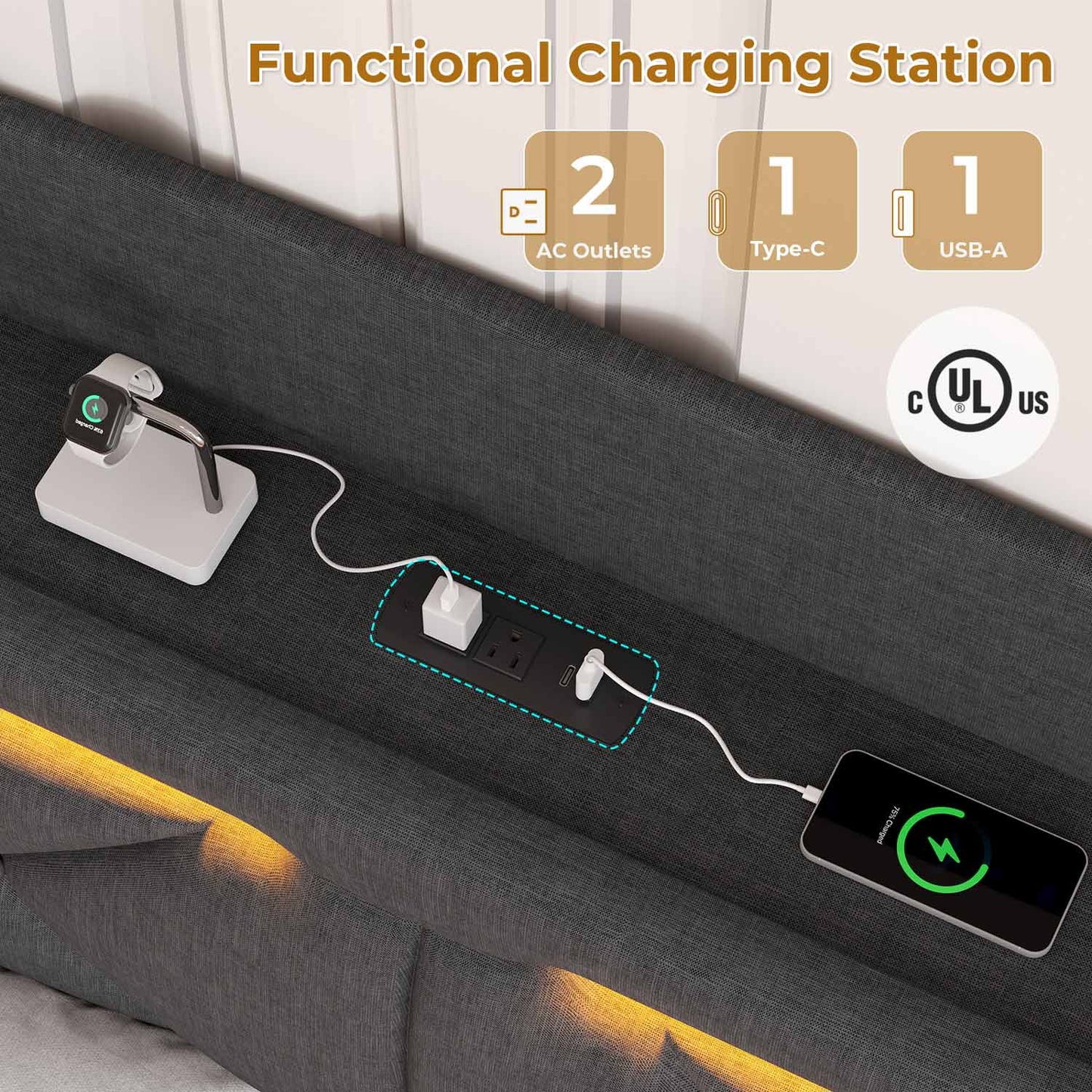 Linen LED Floating Bed Frame with Charging Station Dark Grey