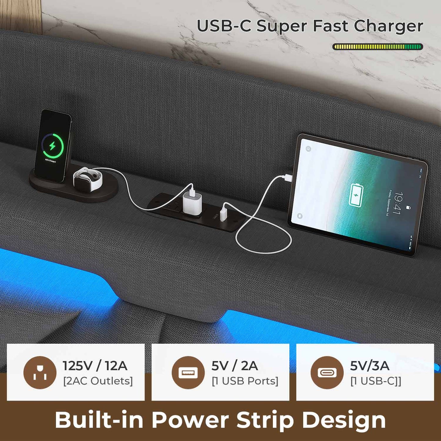 Linen LED Floating Bed Frame with Charging Station Dark Grey