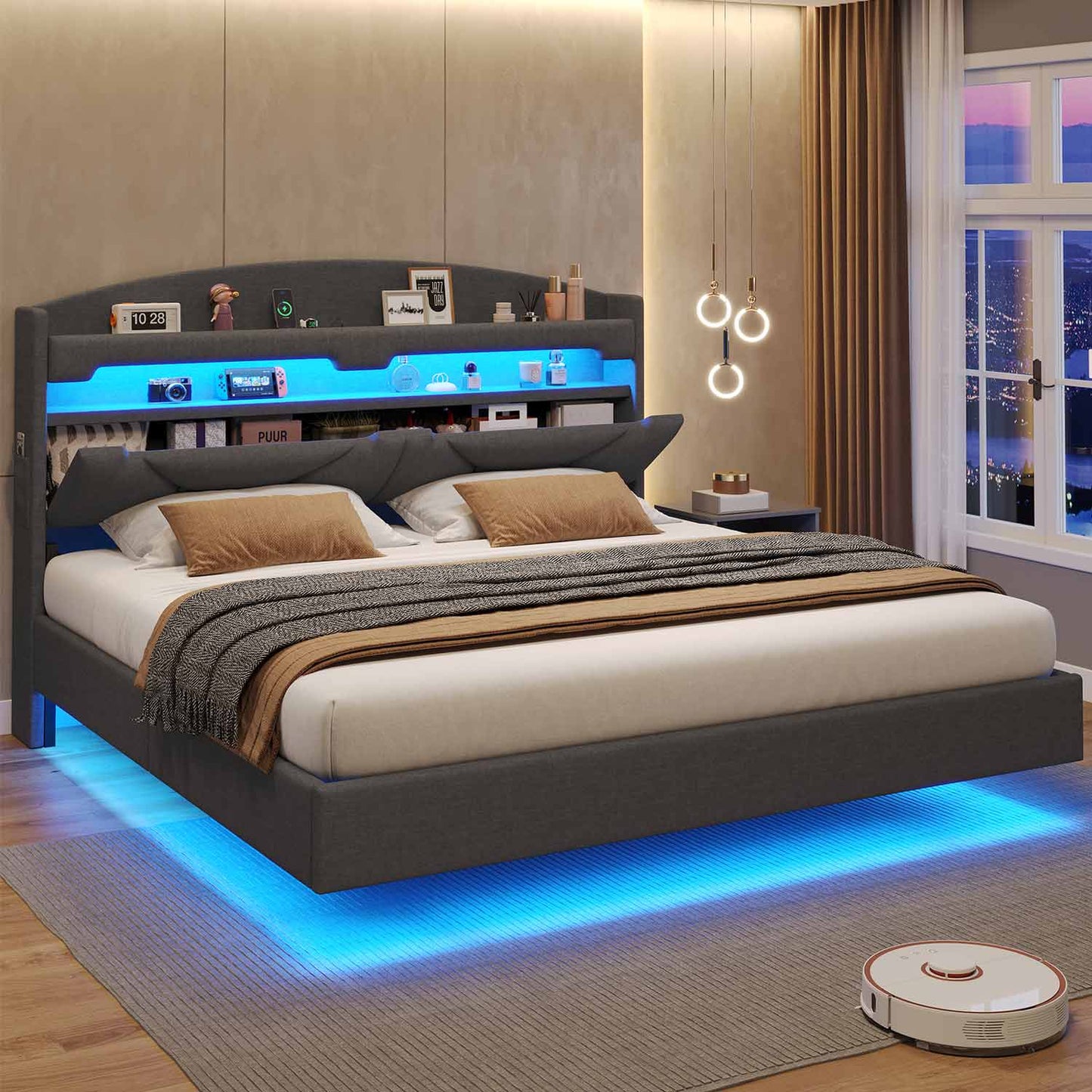 Linen LED Floating Bed Frame with Charging Station Dark Grey