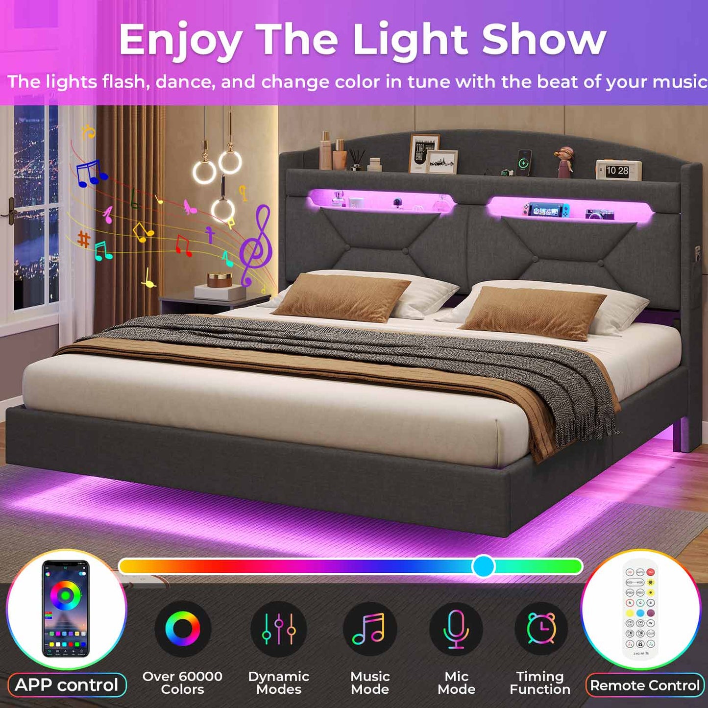 Linen LED Floating Bed Frame with Charging Station Dark Grey
