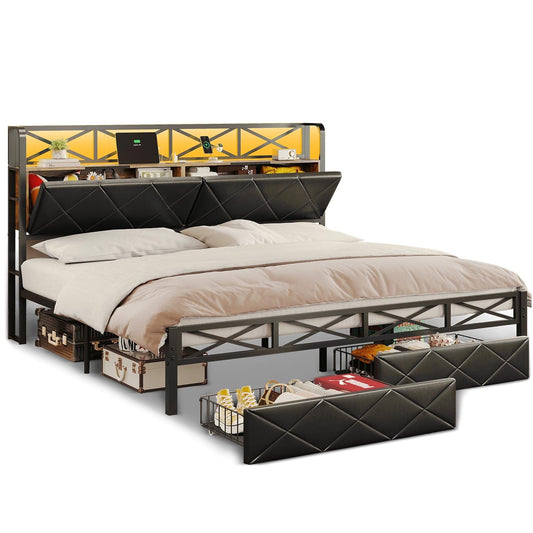 LED Metal Bed Frame with Storage Headboard Black