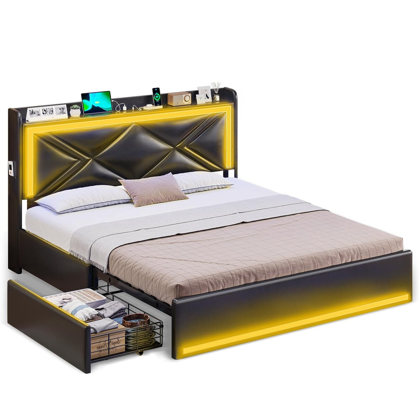 LED Upholstered Bed Frame with 4 Storage Drawers Black