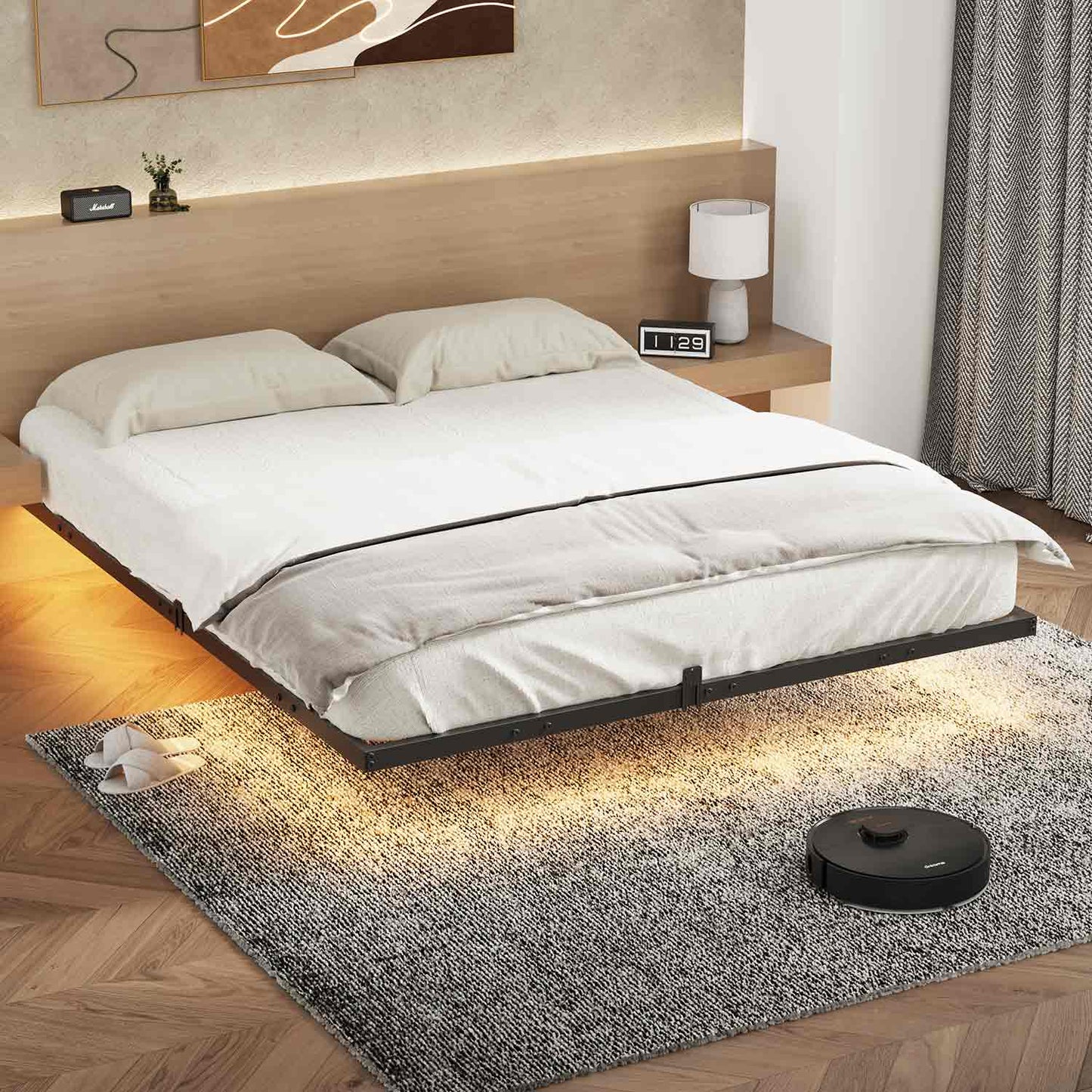 Metal Floating Bed Frame with LED Lights Black