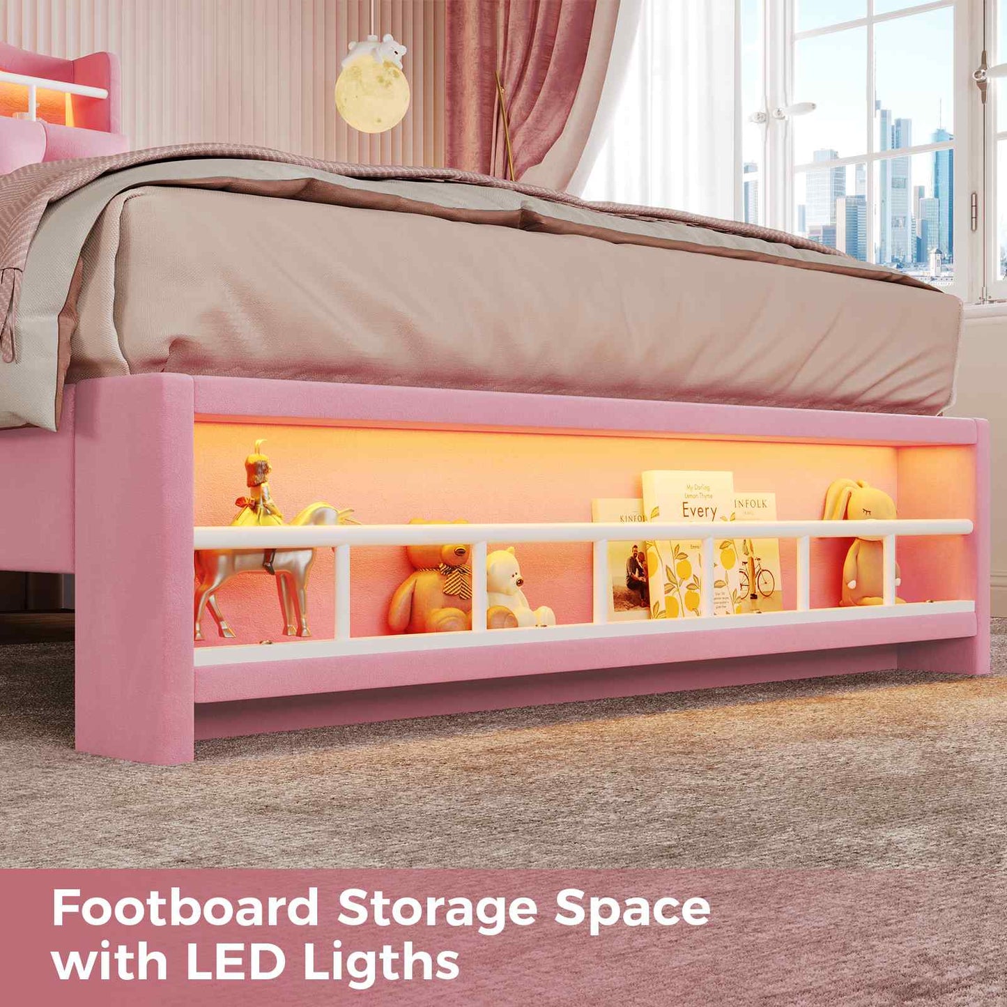 Twin Size Princess Velvet Upholstered LED Bed Frame Pink