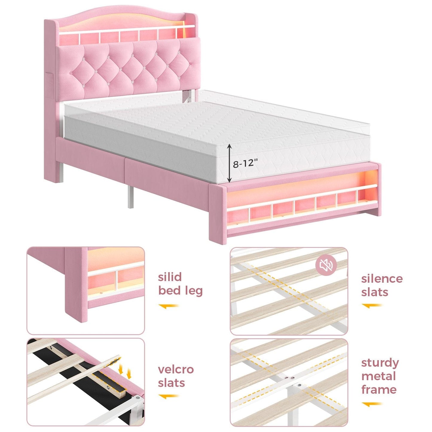 Twin Size Princess Velvet Upholstered LED Bed Frame Pink