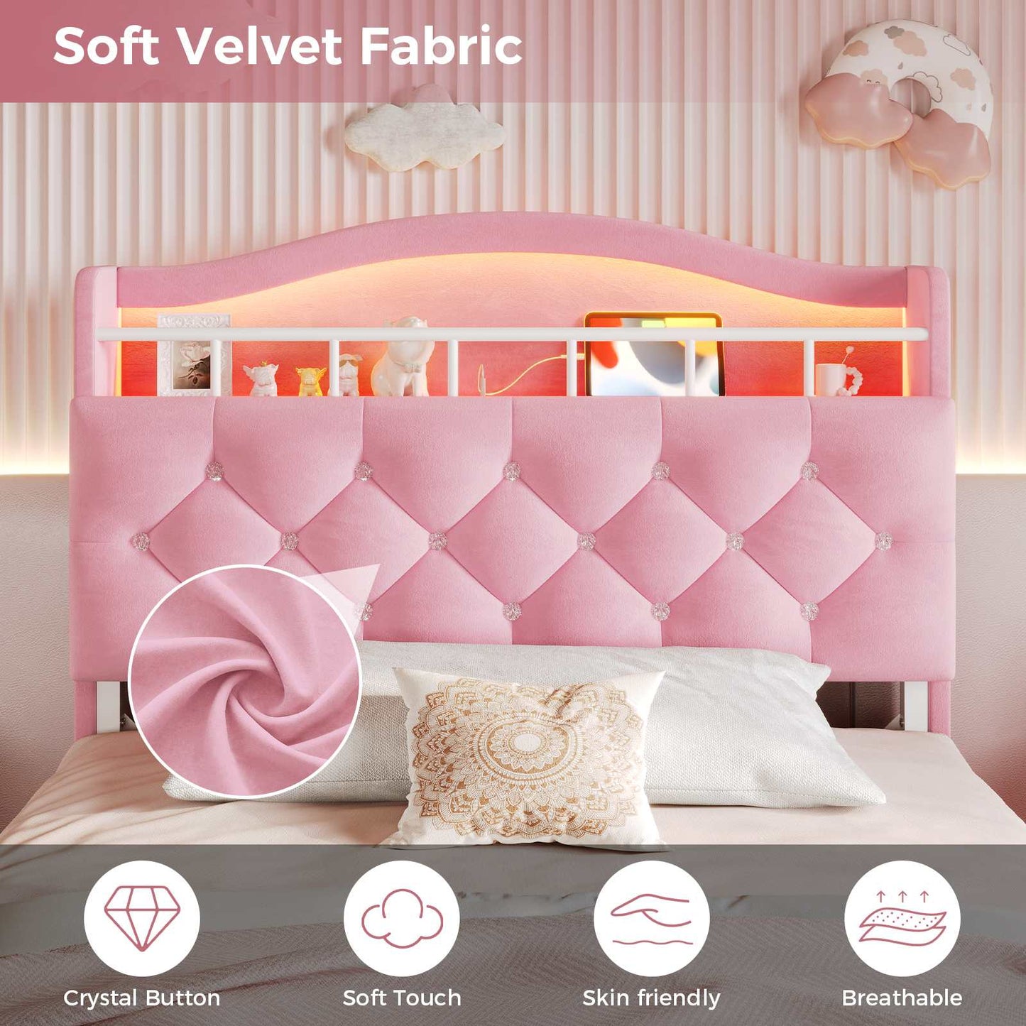 Twin Size Princess Velvet Upholstered LED Bed Frame Pink