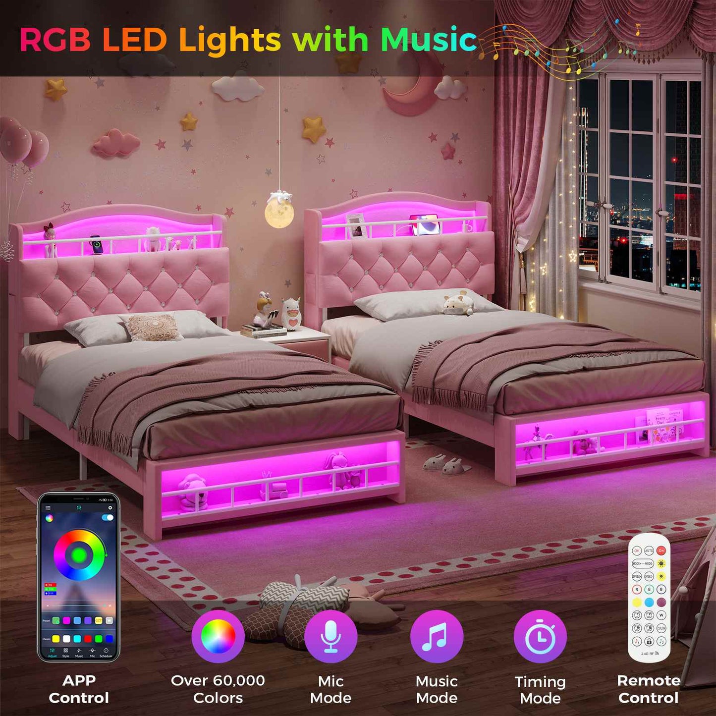 Twin Size Princess Velvet Upholstered LED Bed Frame Pink