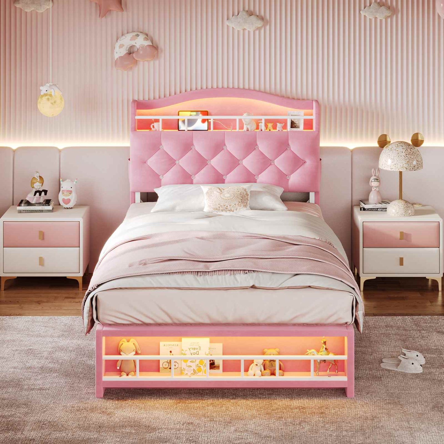 Twin Size Princess Velvet Upholstered LED Bed Frame Pink