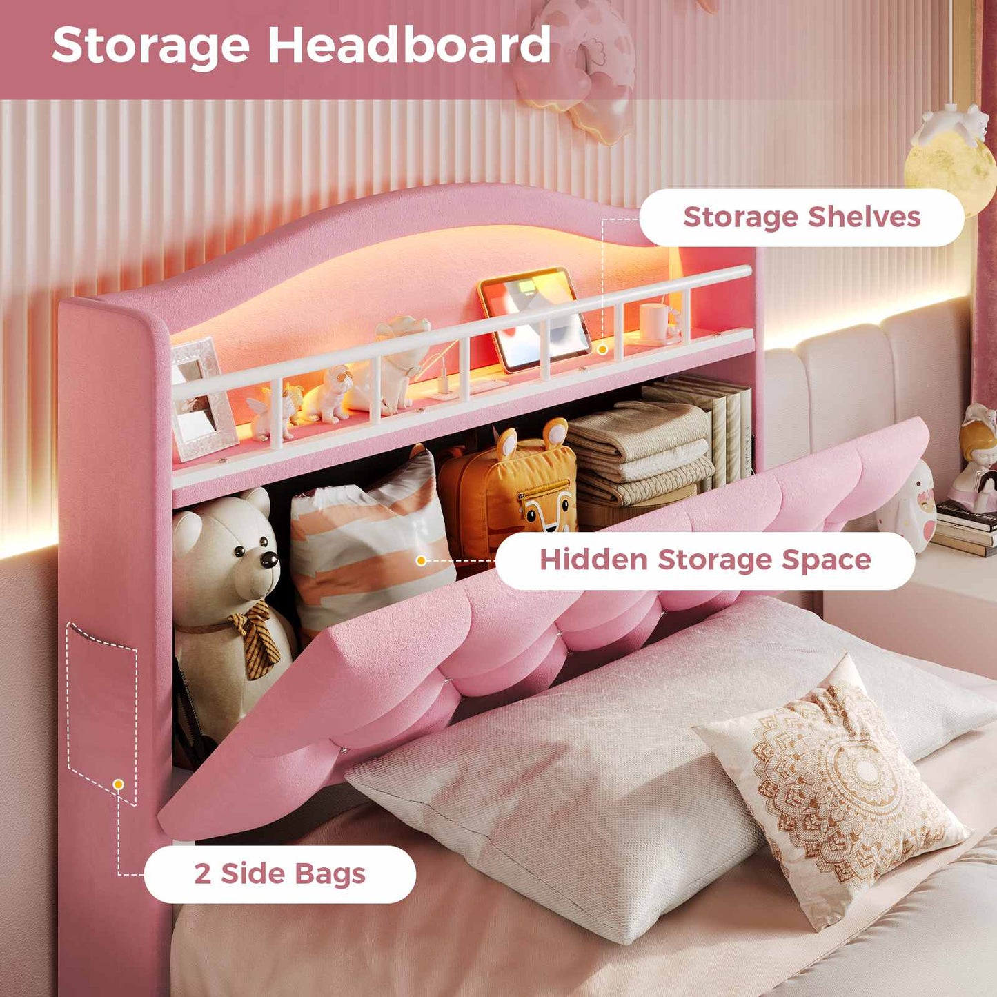 Twin Size Princess Velvet Upholstered LED Bed Frame Pink