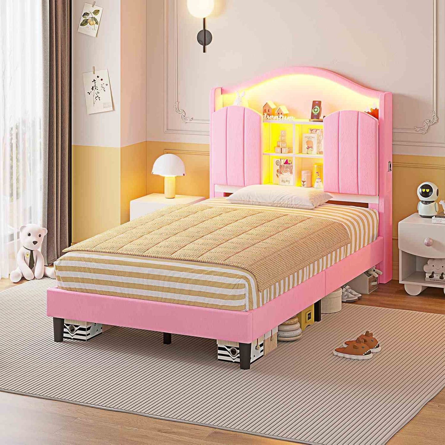 Twin Size LED Bed Frame with Charging Station and Storage Headboard Pink