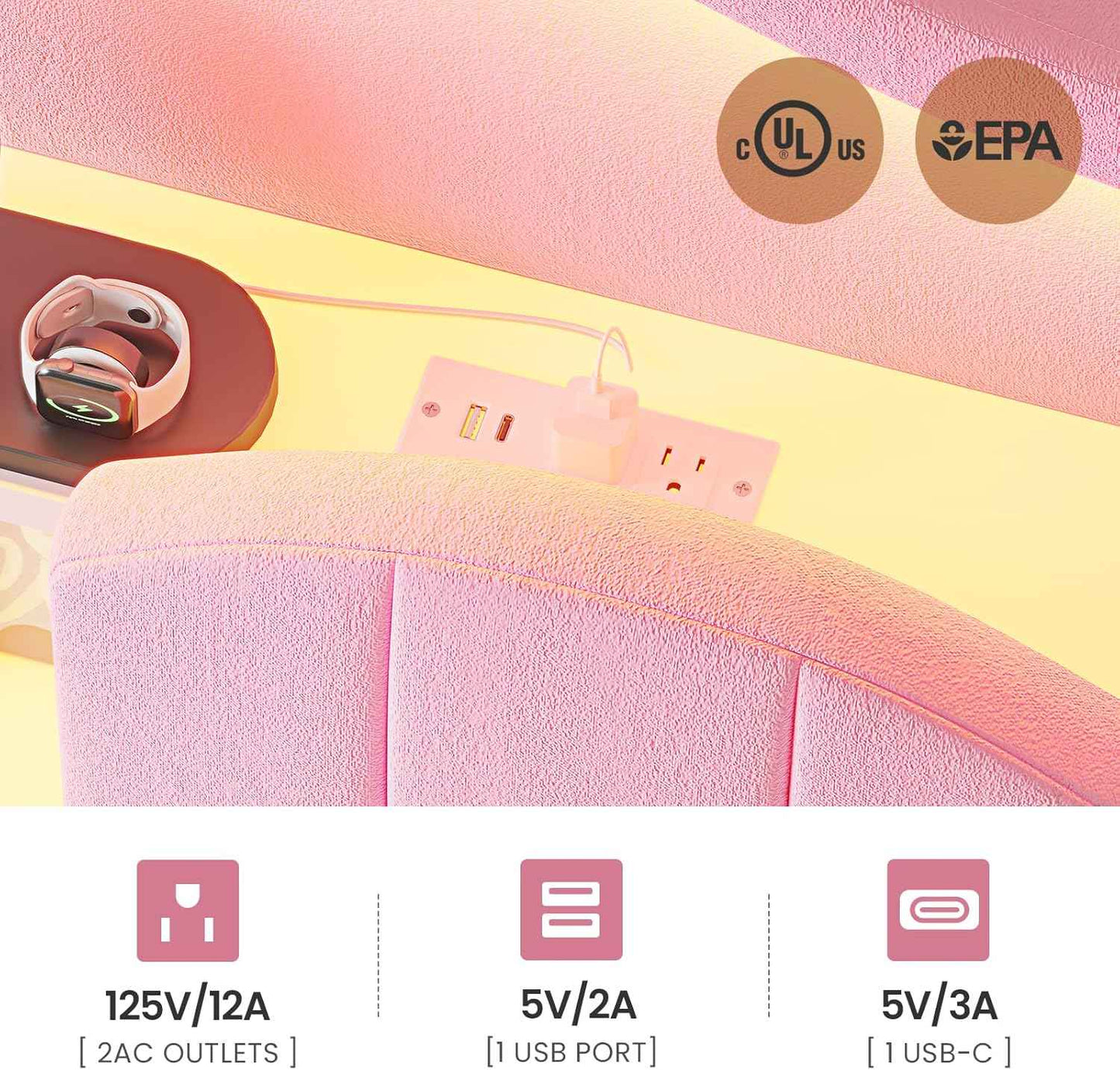 Twin Size LED Bed Frame with Charging Station and Storage Headboard Pink