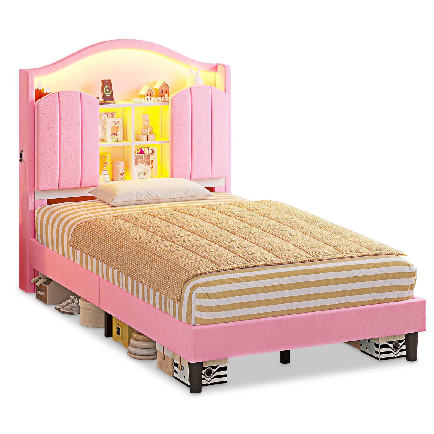 Twin Size LED Bed Frame with Charging Station and Storage Headboard Pink