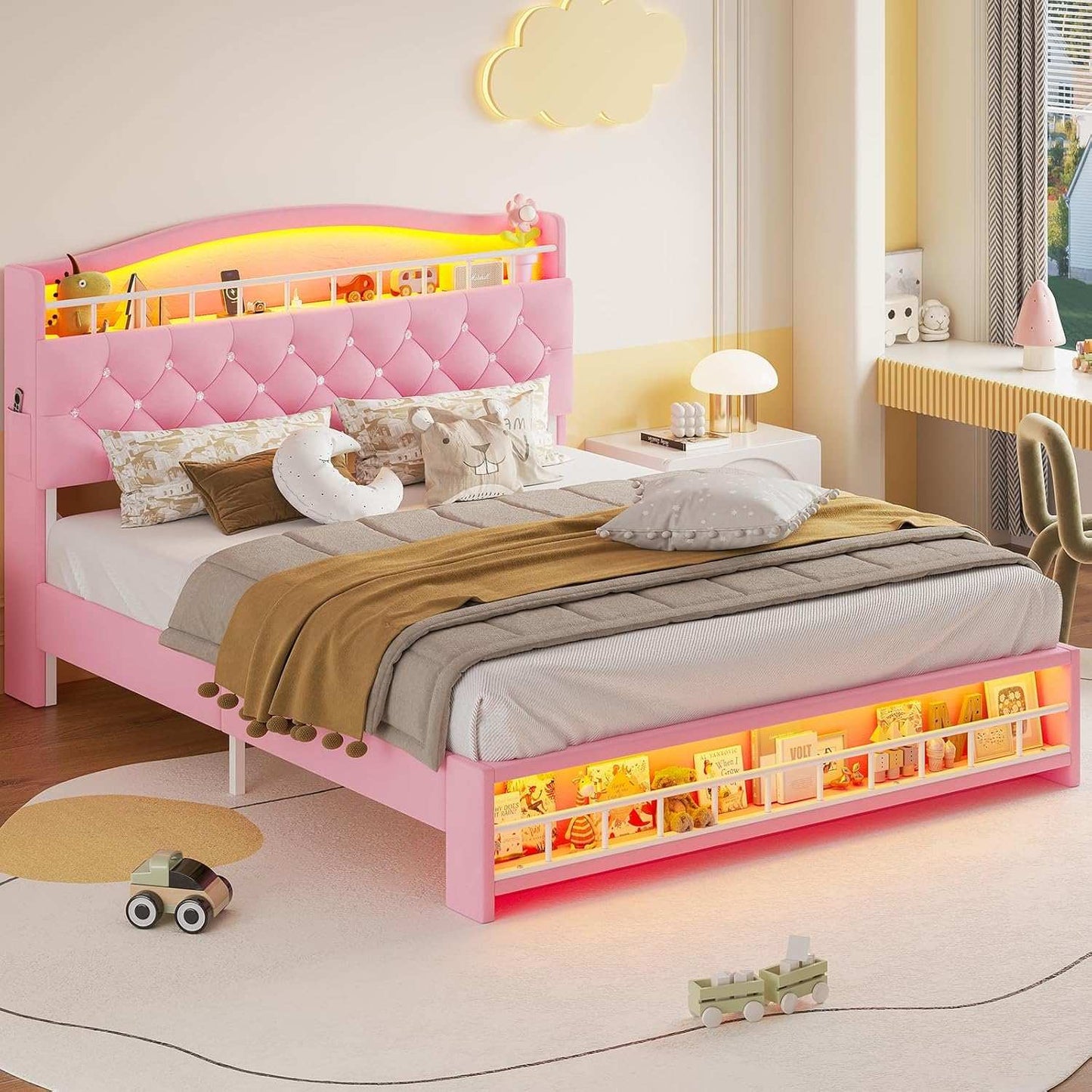 Queen Princess Velvet Upholstered LED Bed Frame Pink