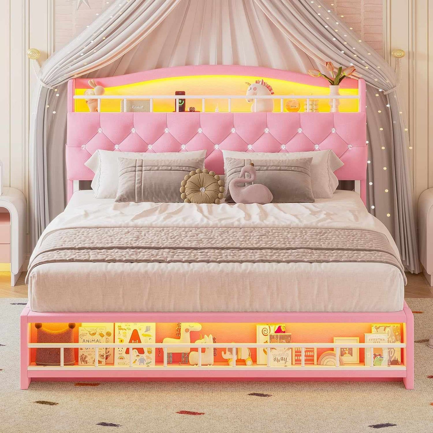 Queen Princess Velvet Upholstered LED Bed Frame Pink
