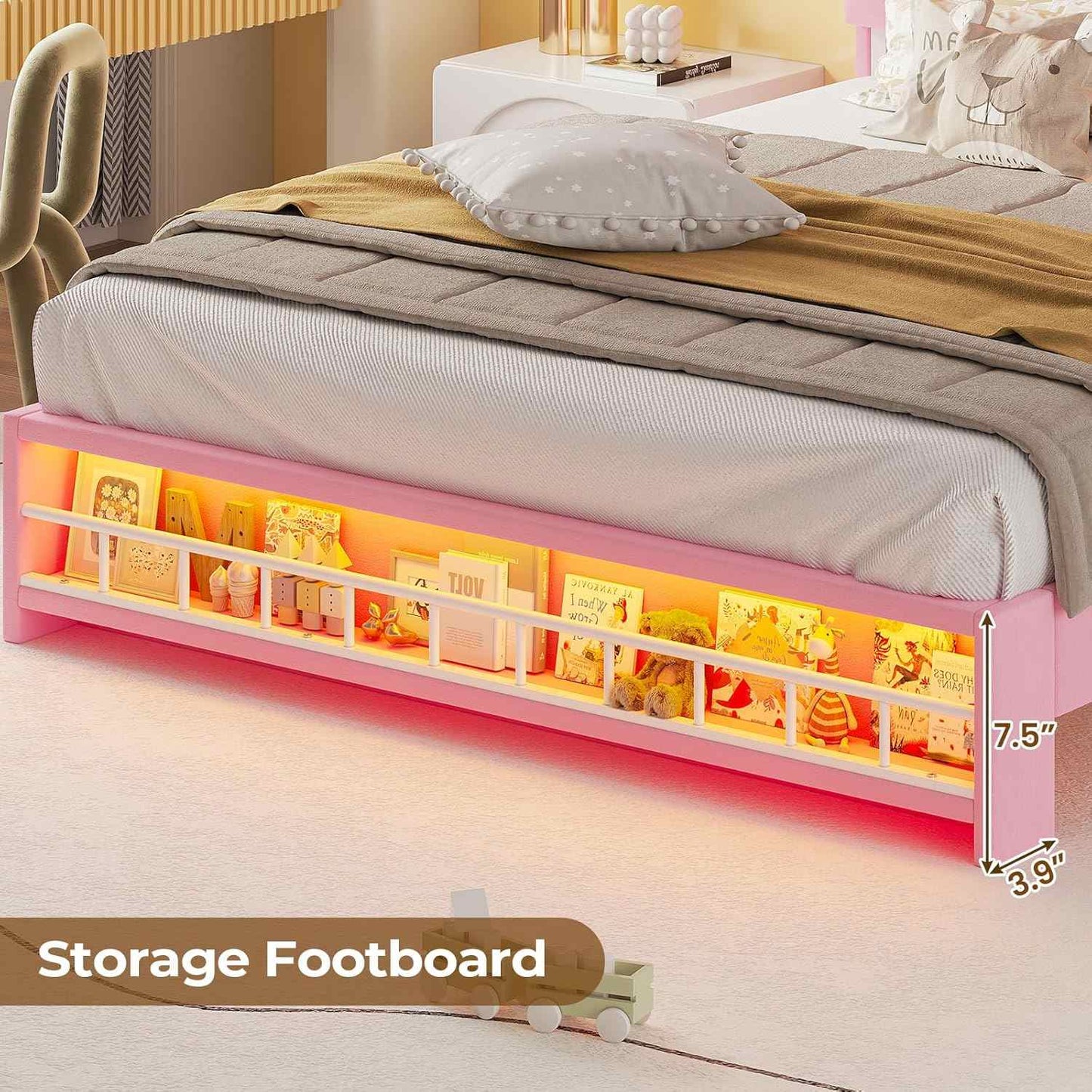 Queen Princess Velvet Upholstered LED Bed Frame Pink