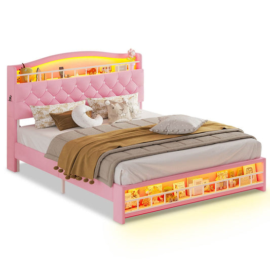 Queen Princess Velvet Upholstered LED Bed Frame Pink