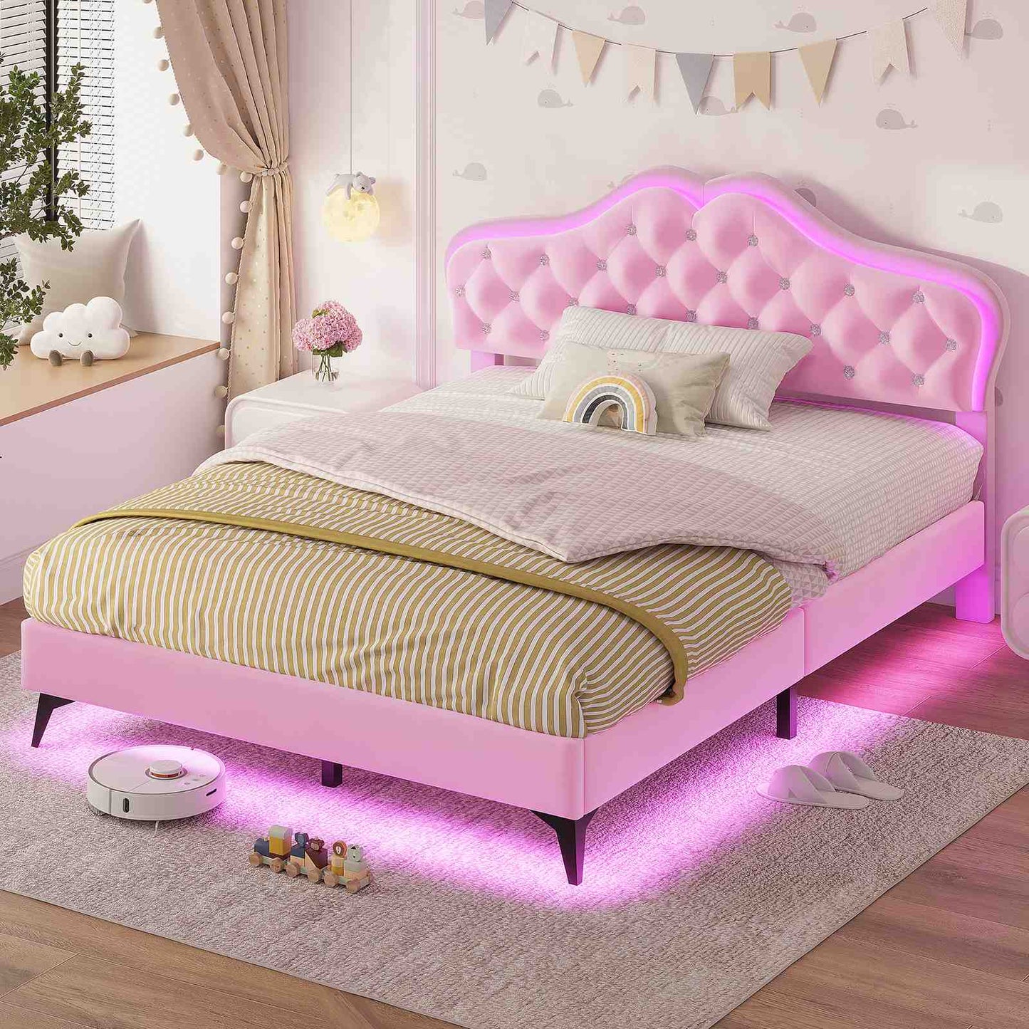 Velvet Princess Bed Frame with Adjustable Headboard Pink