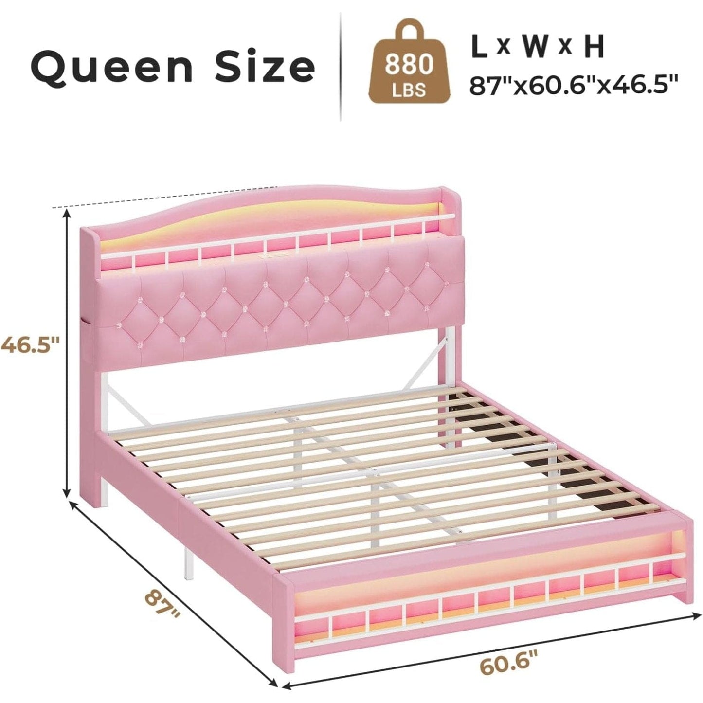 Queen Princess Velvet Upholstered LED Bed Frame Pink