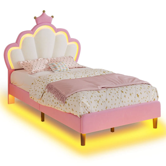 Girls Twin Bed Frame with Princess Crown and LED Velvet Upholstered Platform Pink