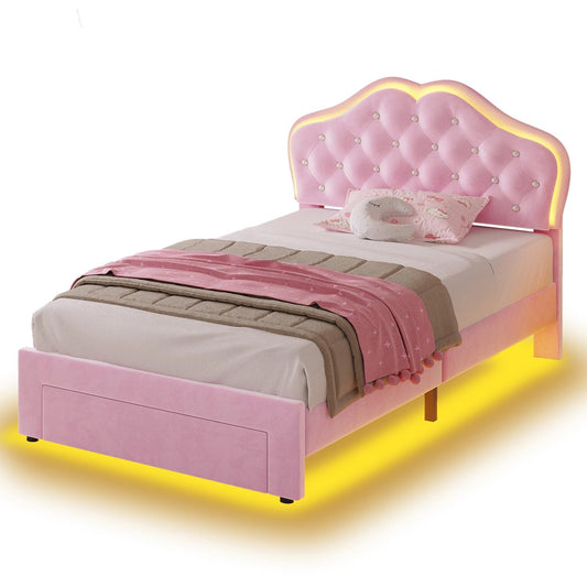 Twin Size Velvet Princess LED Bed Frame Pink