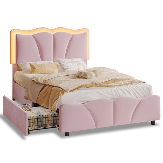 Twin Size Velvet Upholstered LED Bed Frame Pink