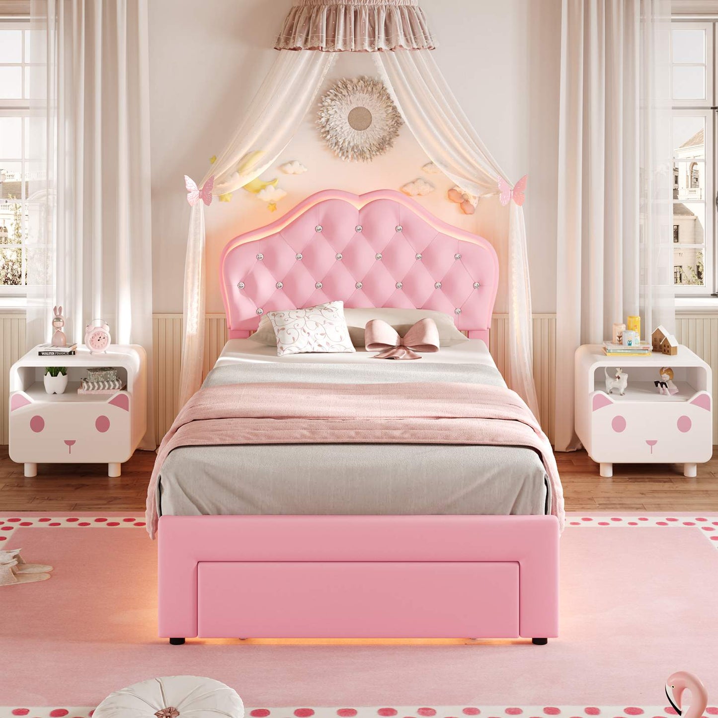 Twin Size Velvet Princess LED Bed Frame Pink