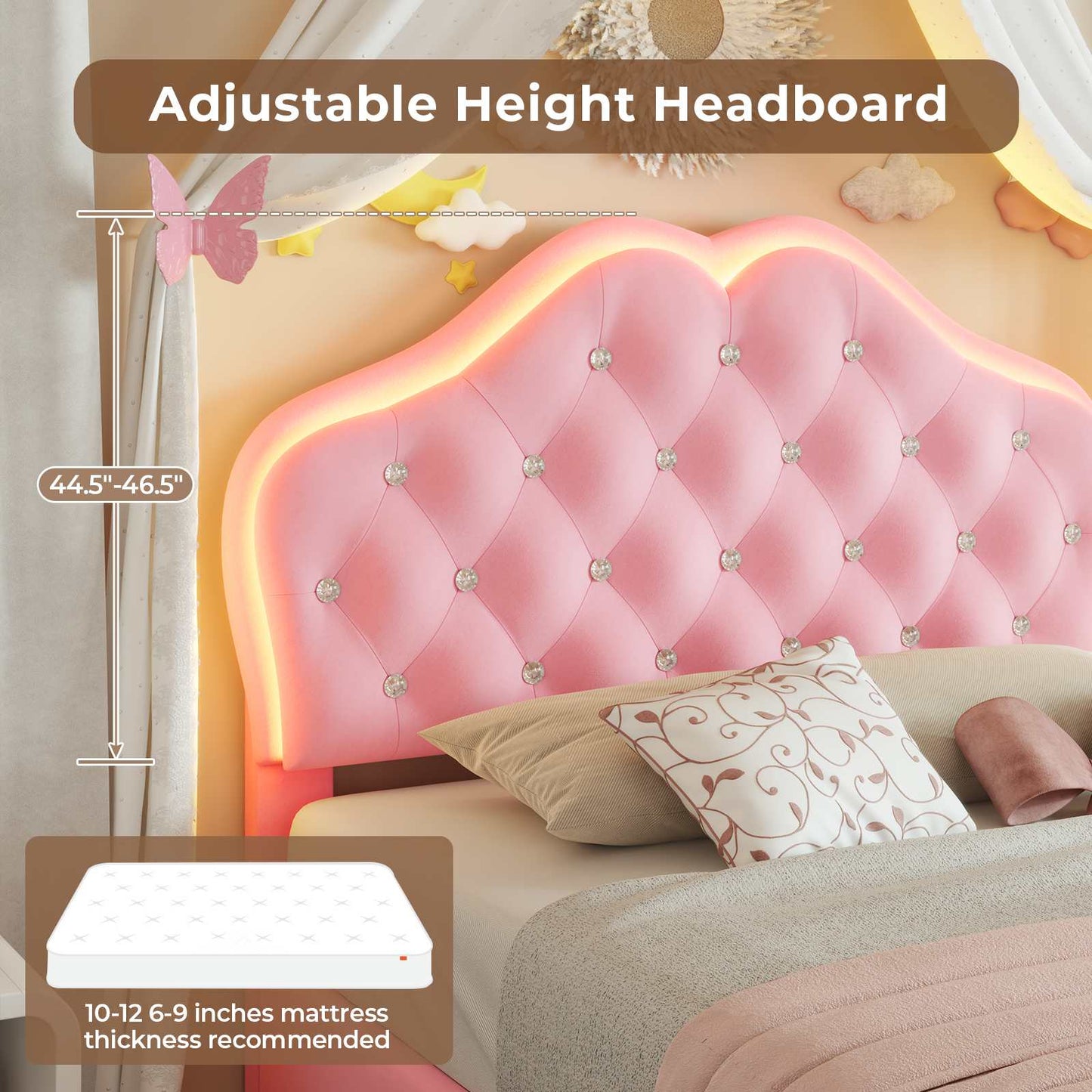Twin Size Velvet Princess LED Bed Frame Pink