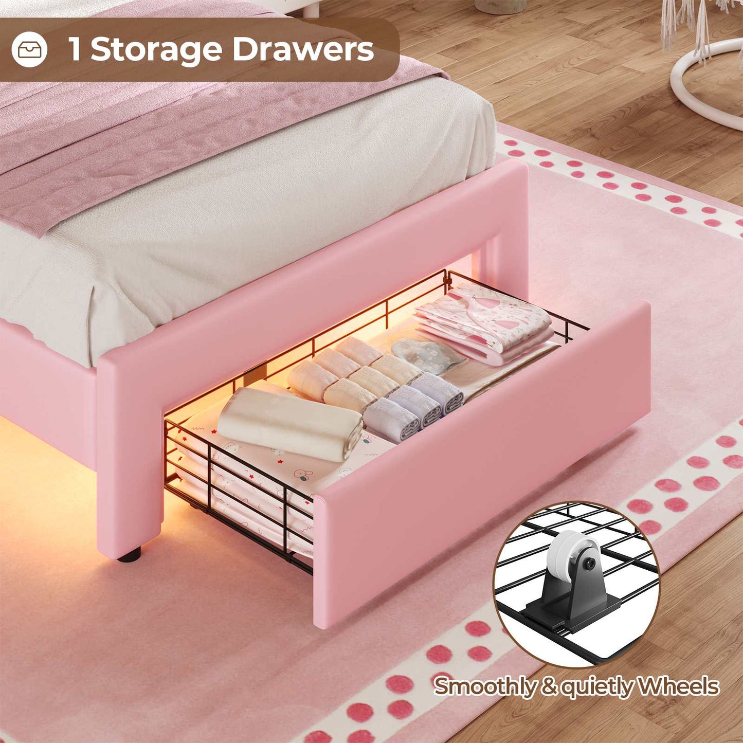 Twin Size Velvet Princess LED Bed Frame Pink