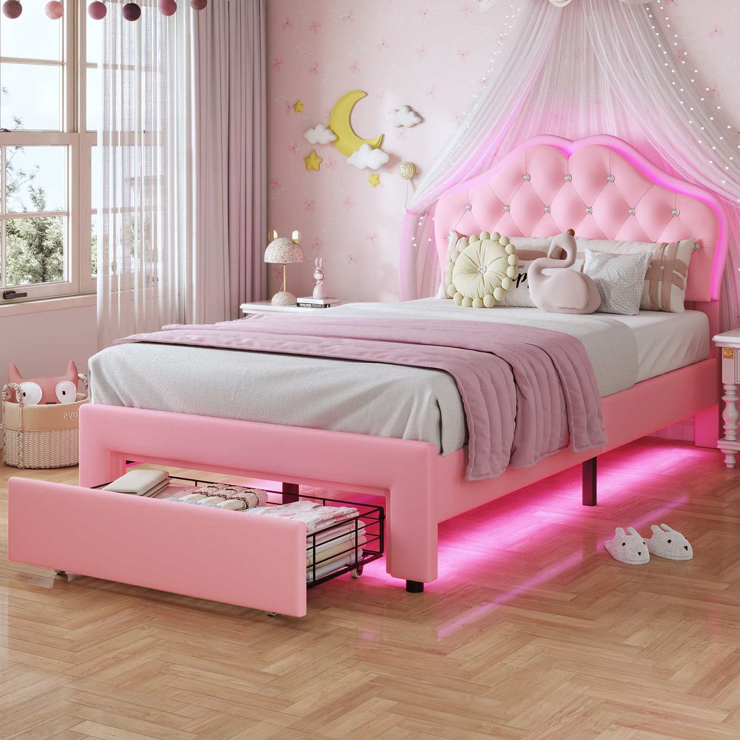 Twin Size Velvet Princess LED Bed Frame Pink