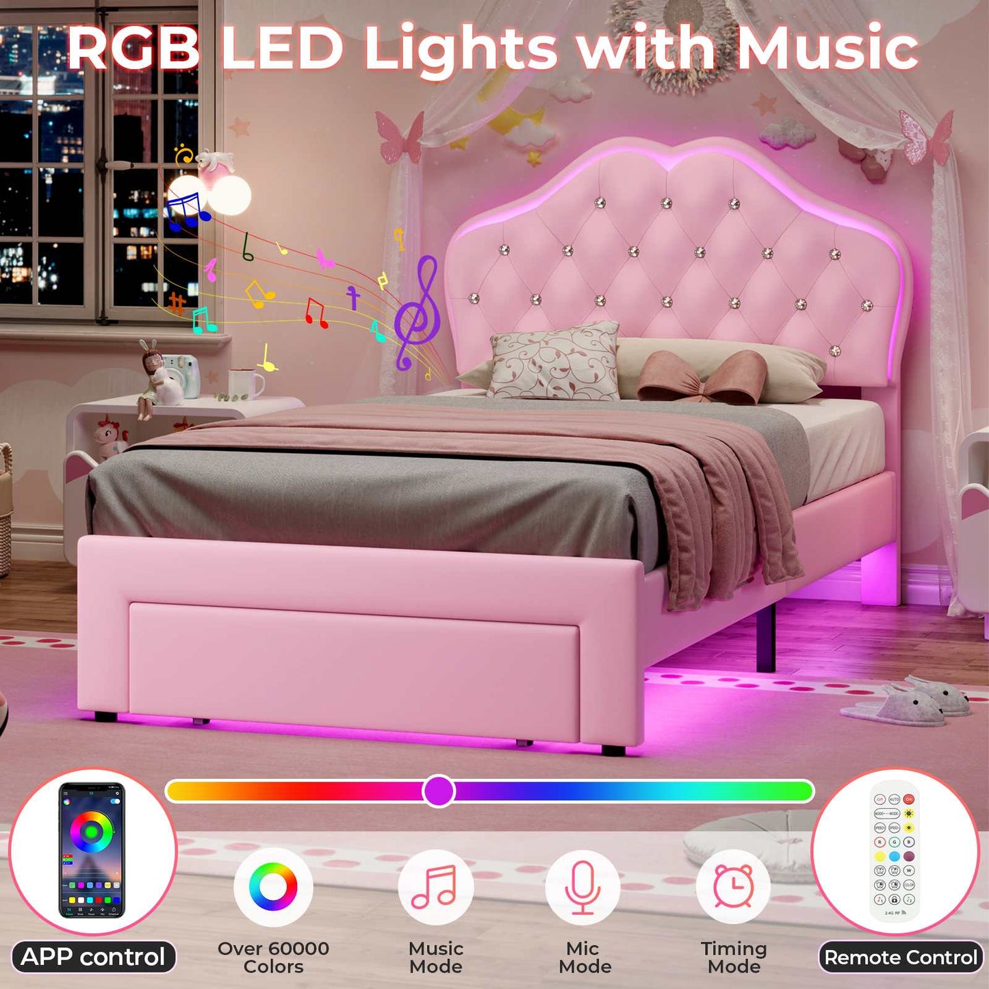 Twin Size Velvet Princess LED Bed Frame Pink