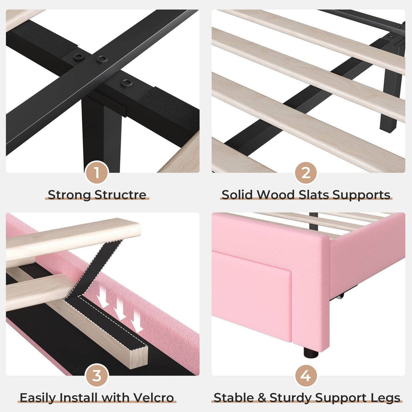 Twin Size Velvet Princess LED Bed Frame Pink