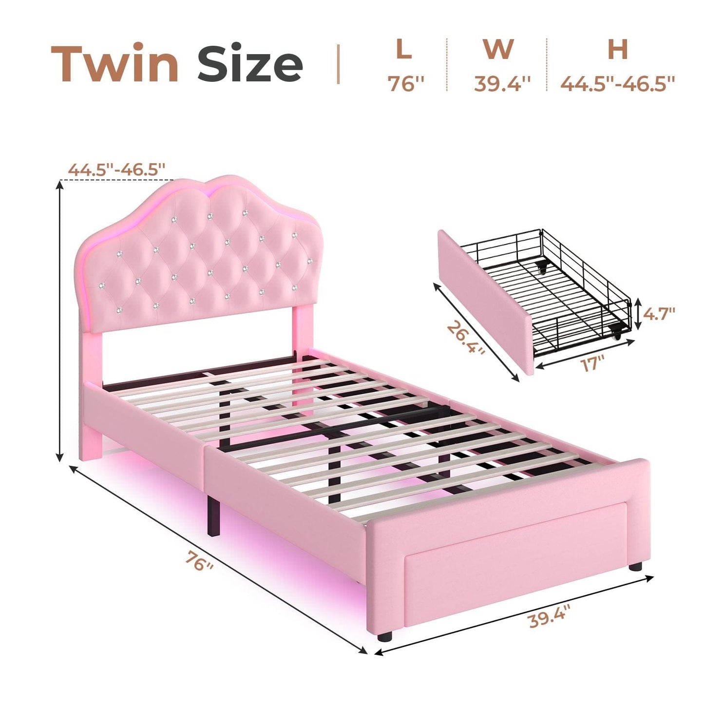 Twin Size Velvet Princess LED Bed Frame Pink