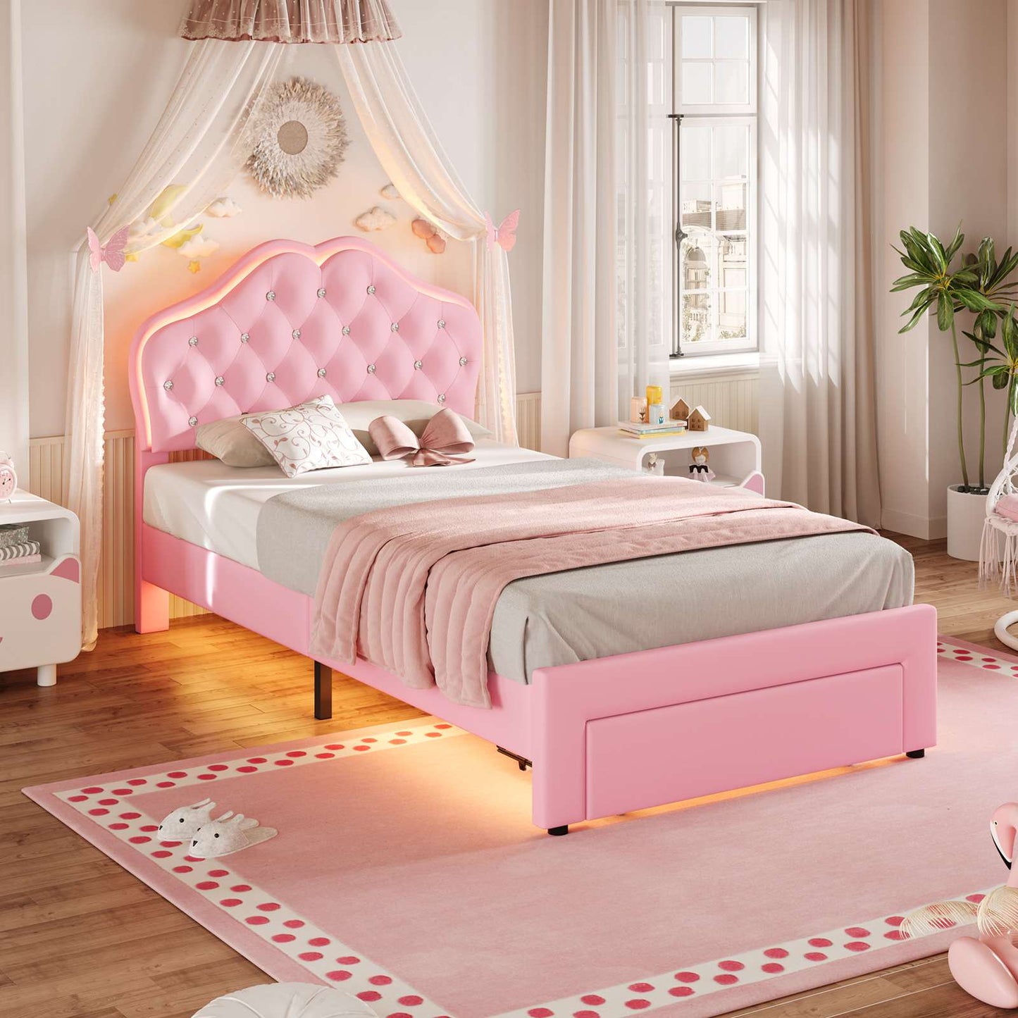 Twin Size Velvet Princess LED Bed Frame Pink