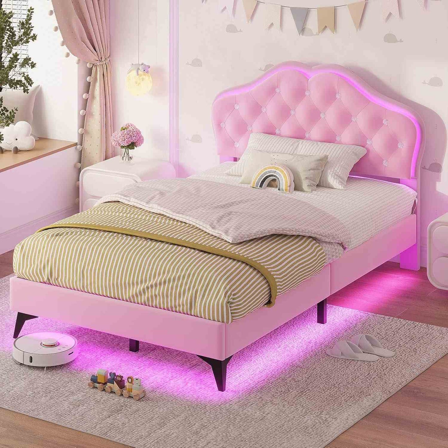 Velvet Princess Bed Frame with Adjustable Headboard Pink