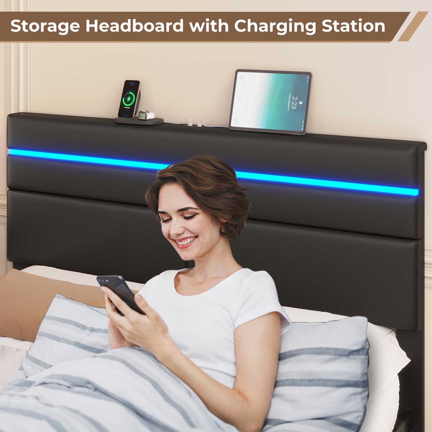 LED Bed Frame with Charging Station Black