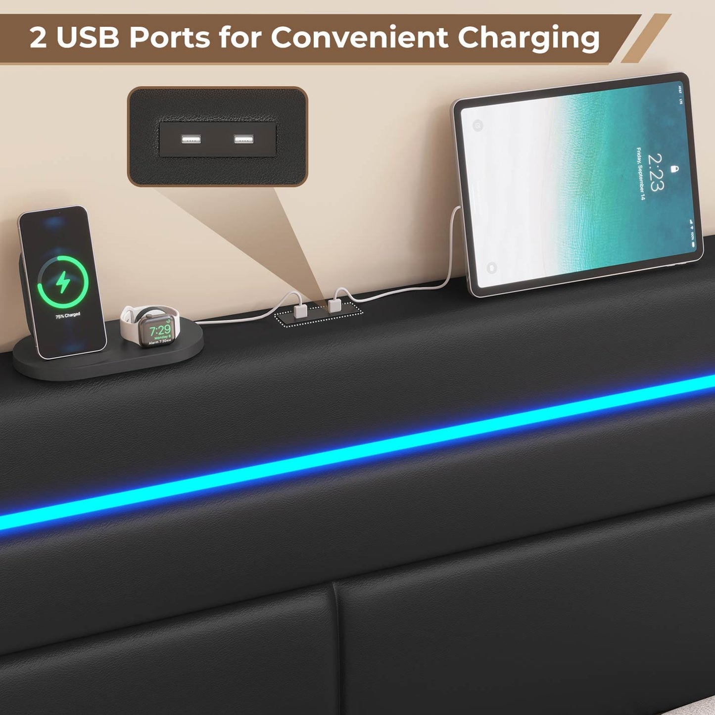 LED Bed Frame with Charging Station Black