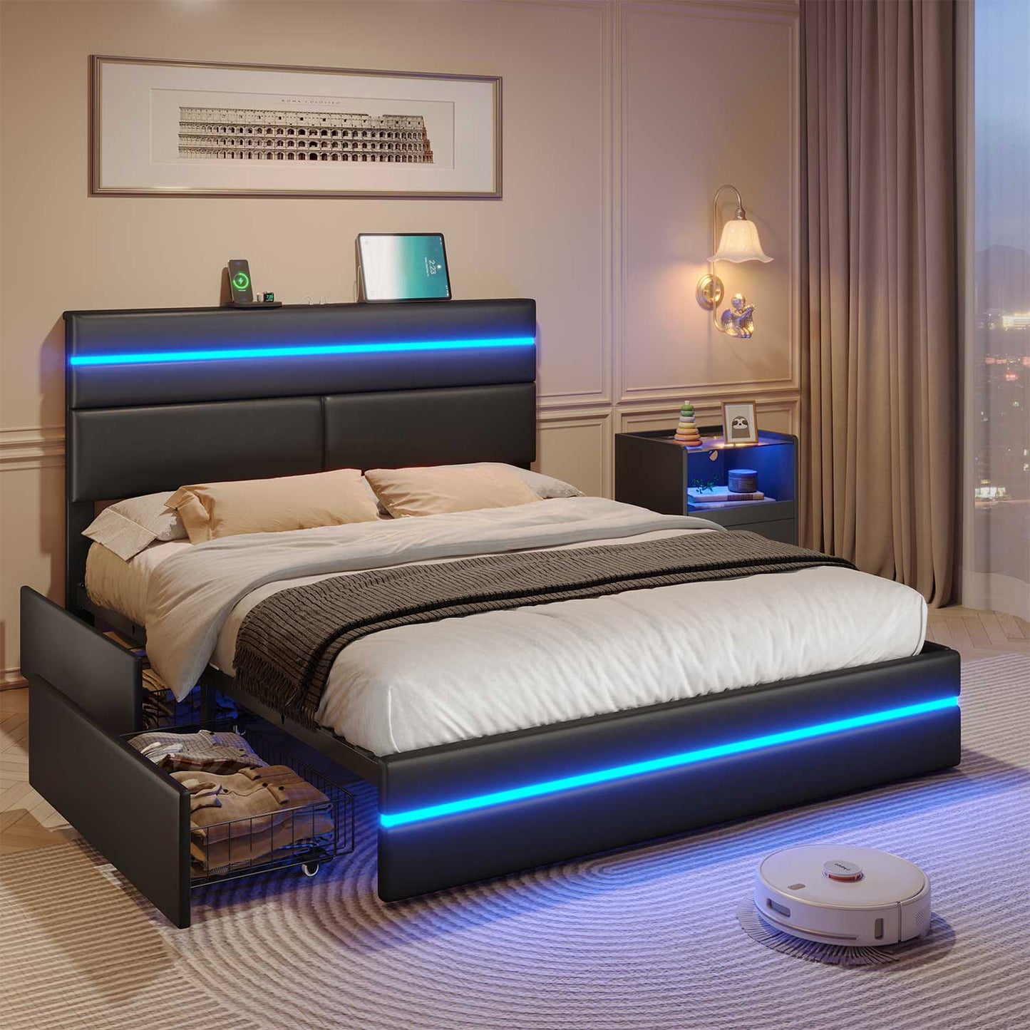 LED Bed Frame with Charging Station Black