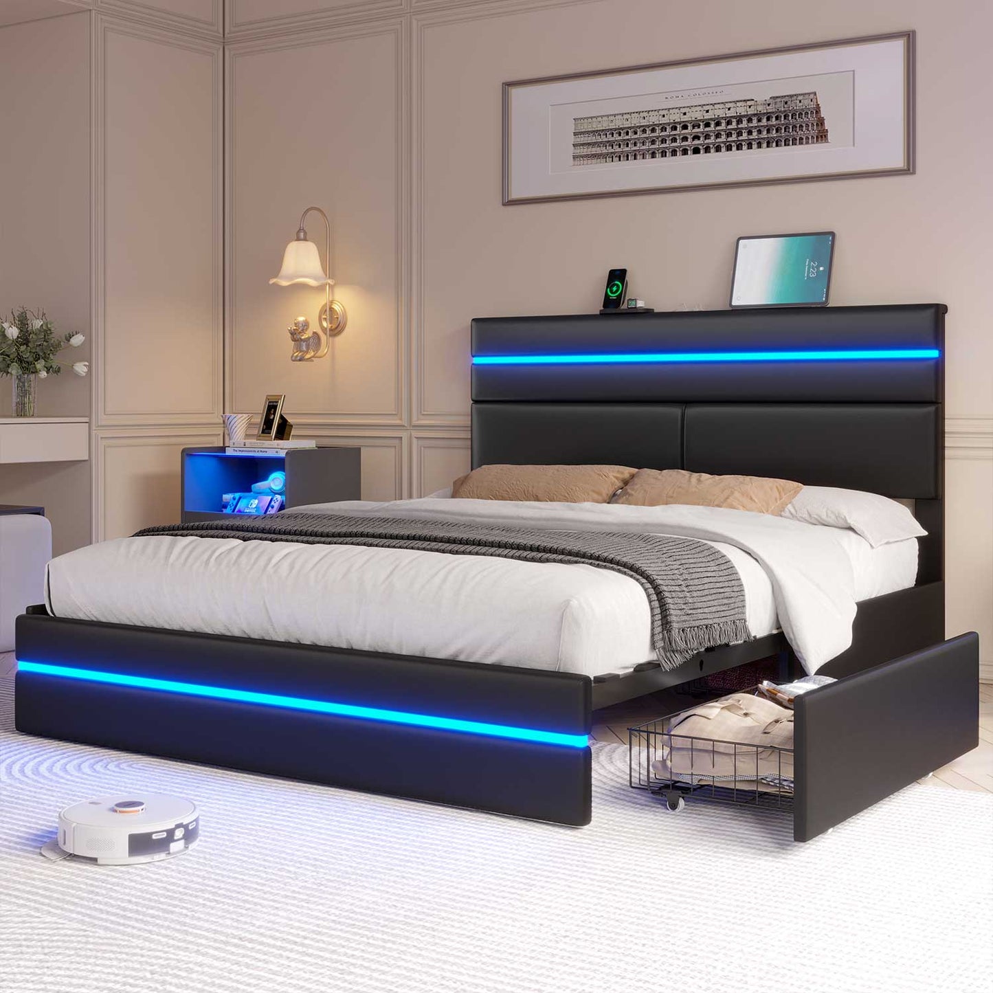LED Bed Frame with Charging Station Black