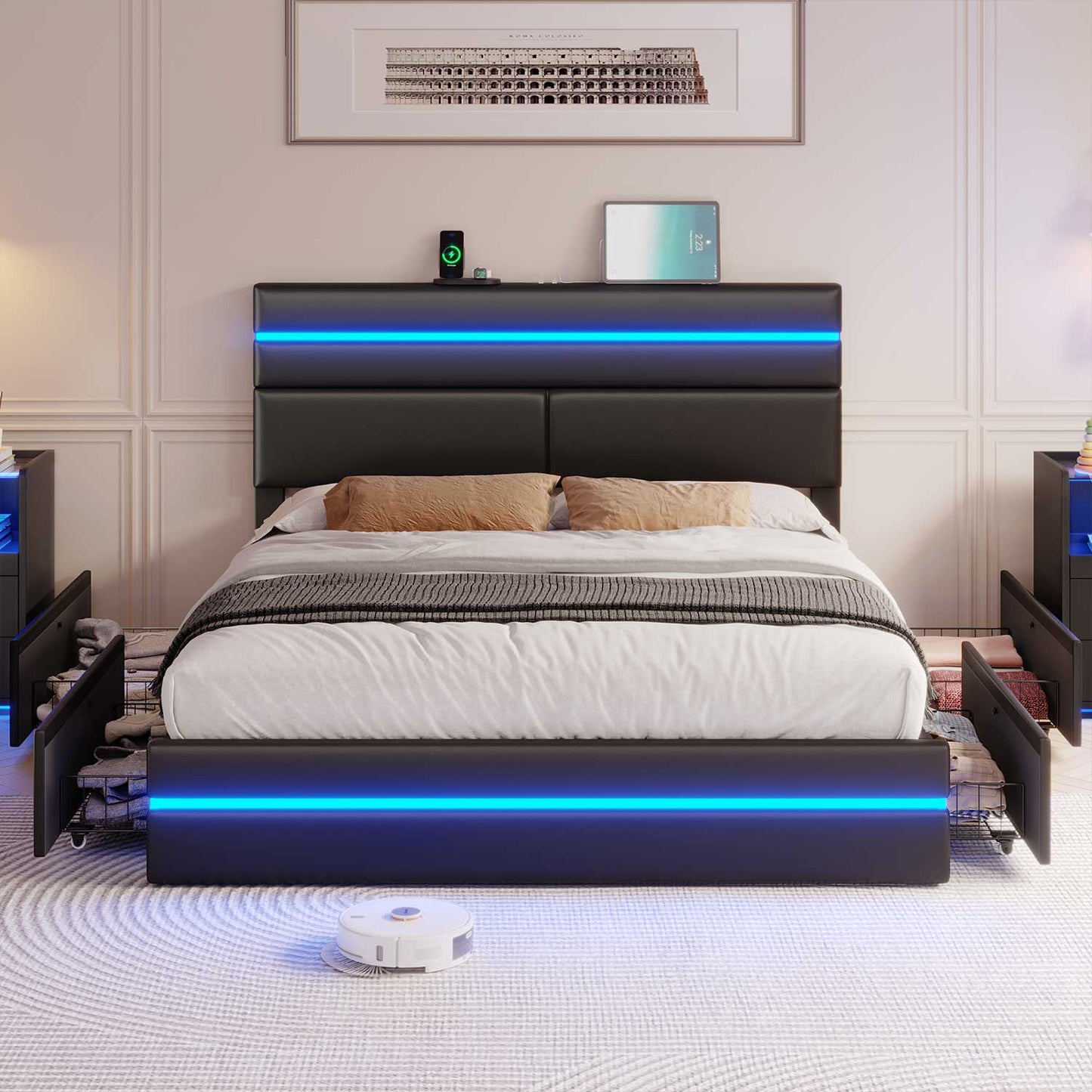 LED Bed Frame with Charging Station Black