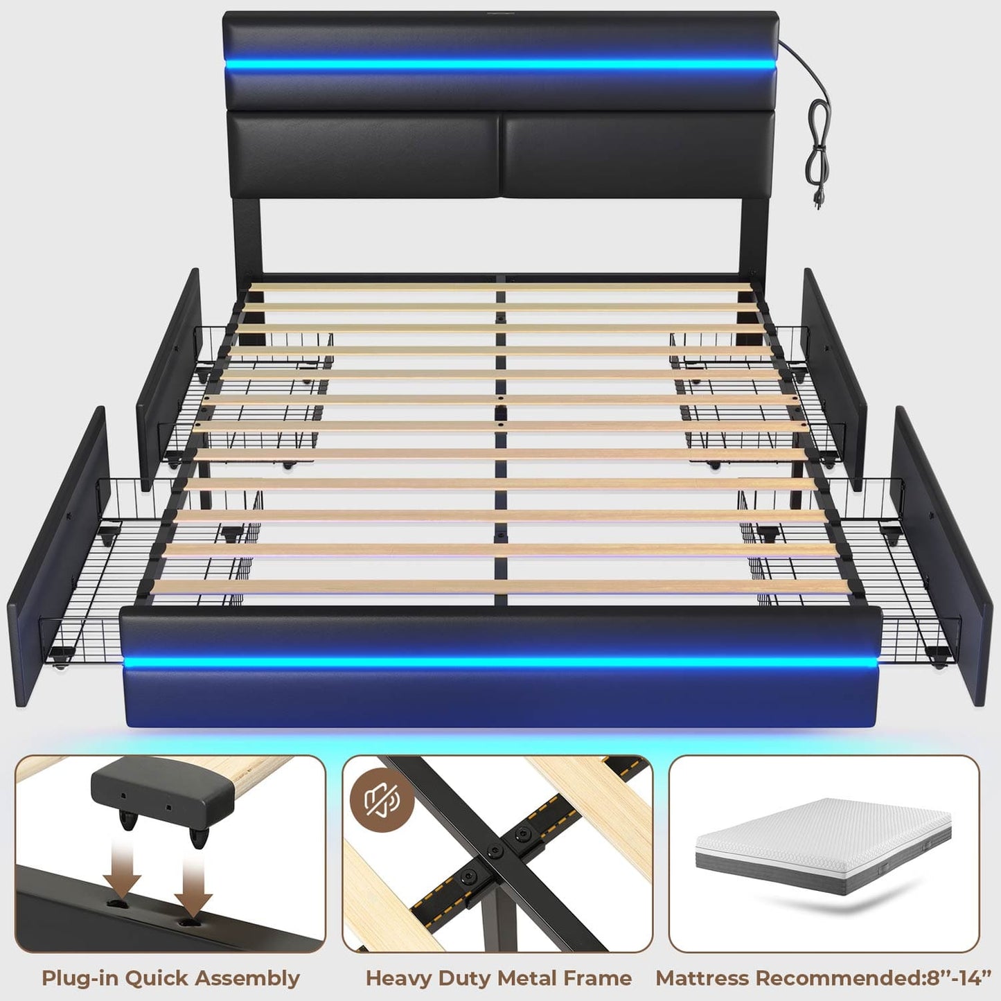 LED Bed Frame with Charging Station Black