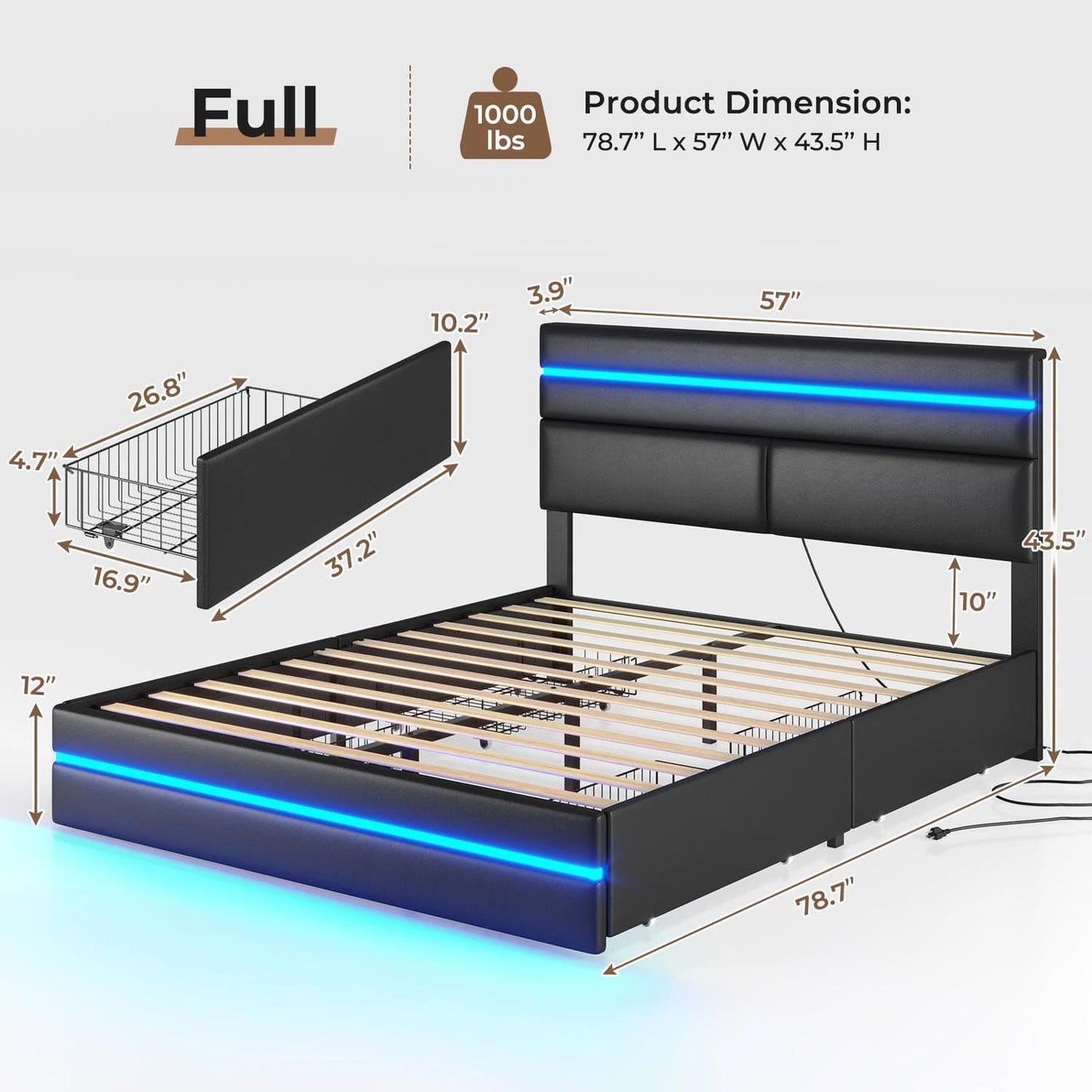 LED Bed Frame with Charging Station Black